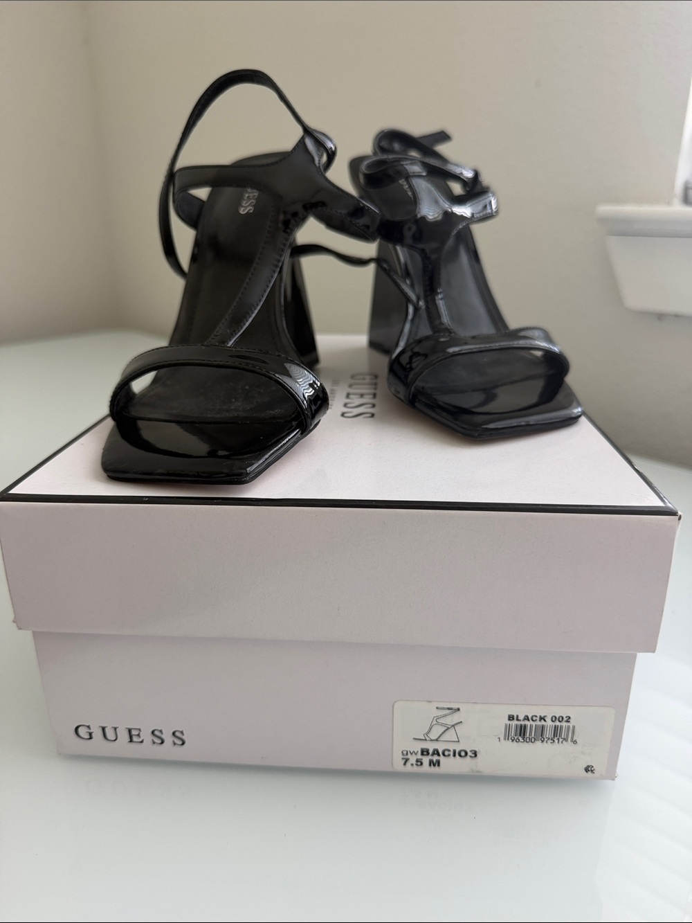Guess Black Patent Square-Toe Strappy Block Heel Sandals